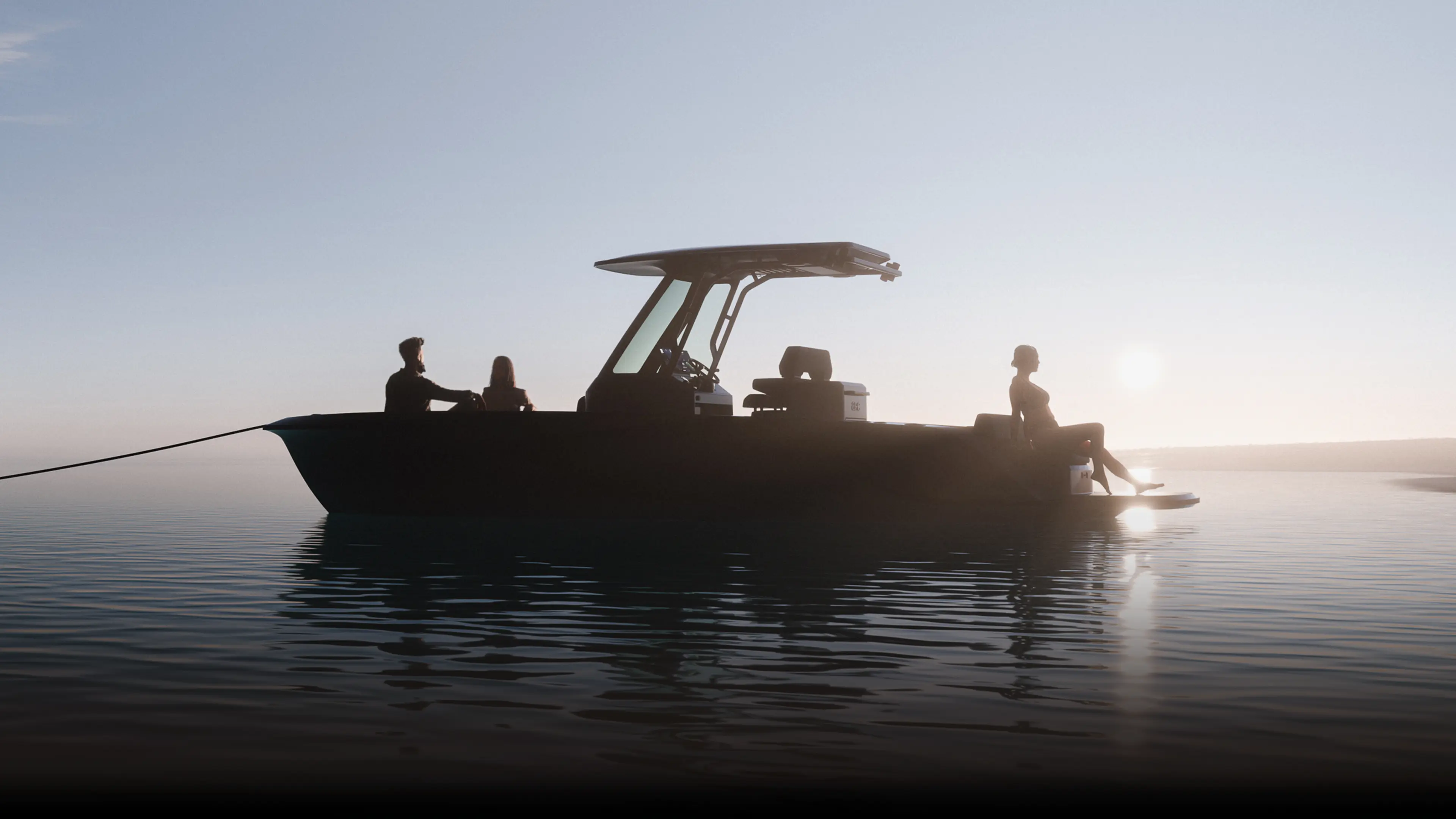 A photograph of an EV boat zipping through the water