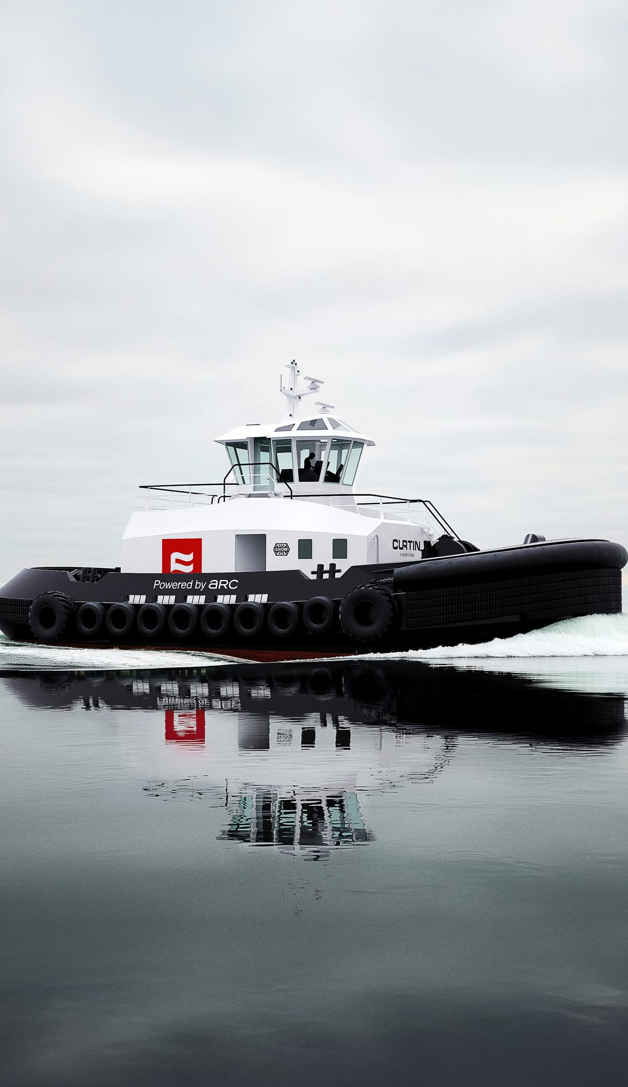 A photograph of a tug boat on a line with a freight ship.