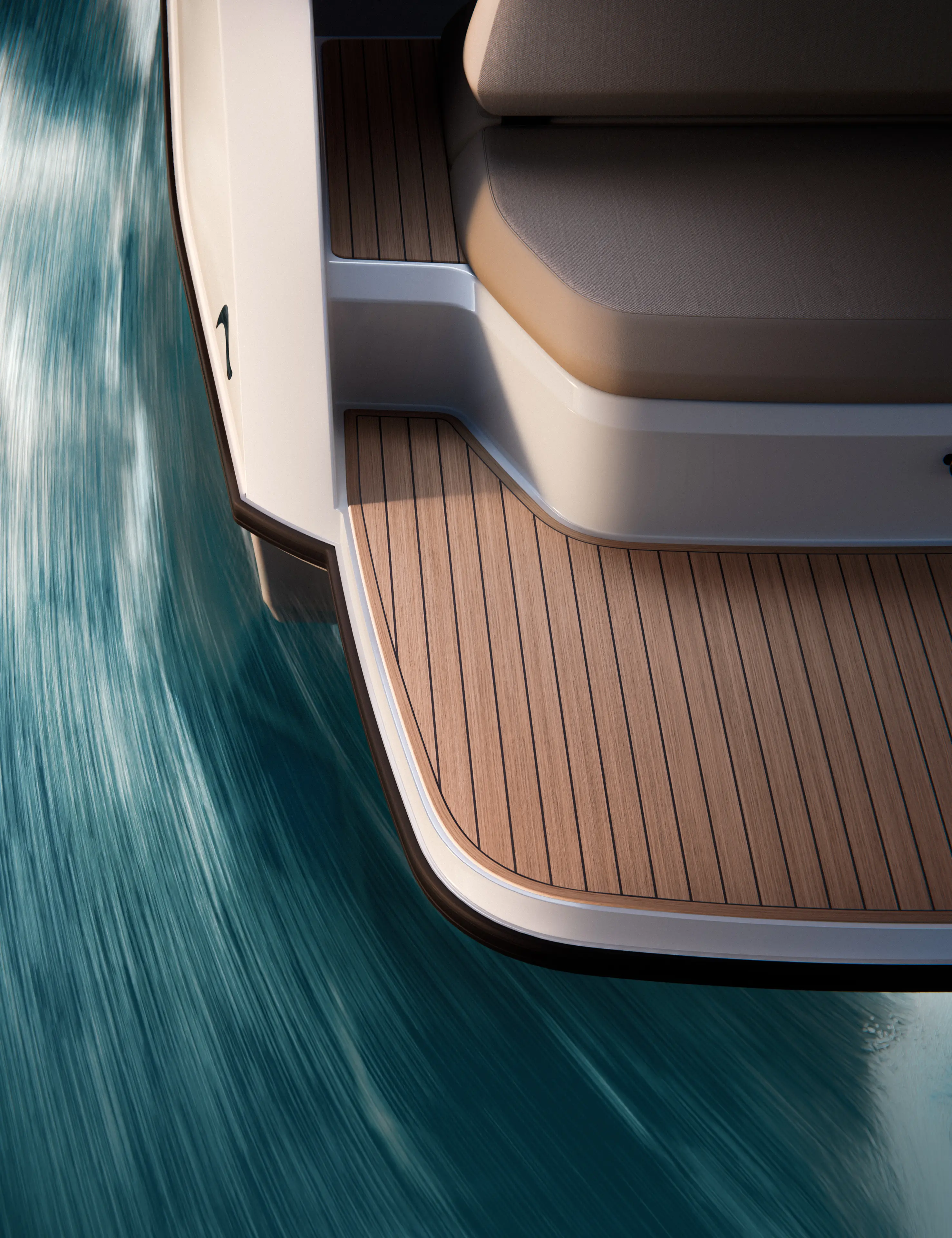 Arc Coast boat gliding through blue water. The motion blur of the water highlights the boat's speed.