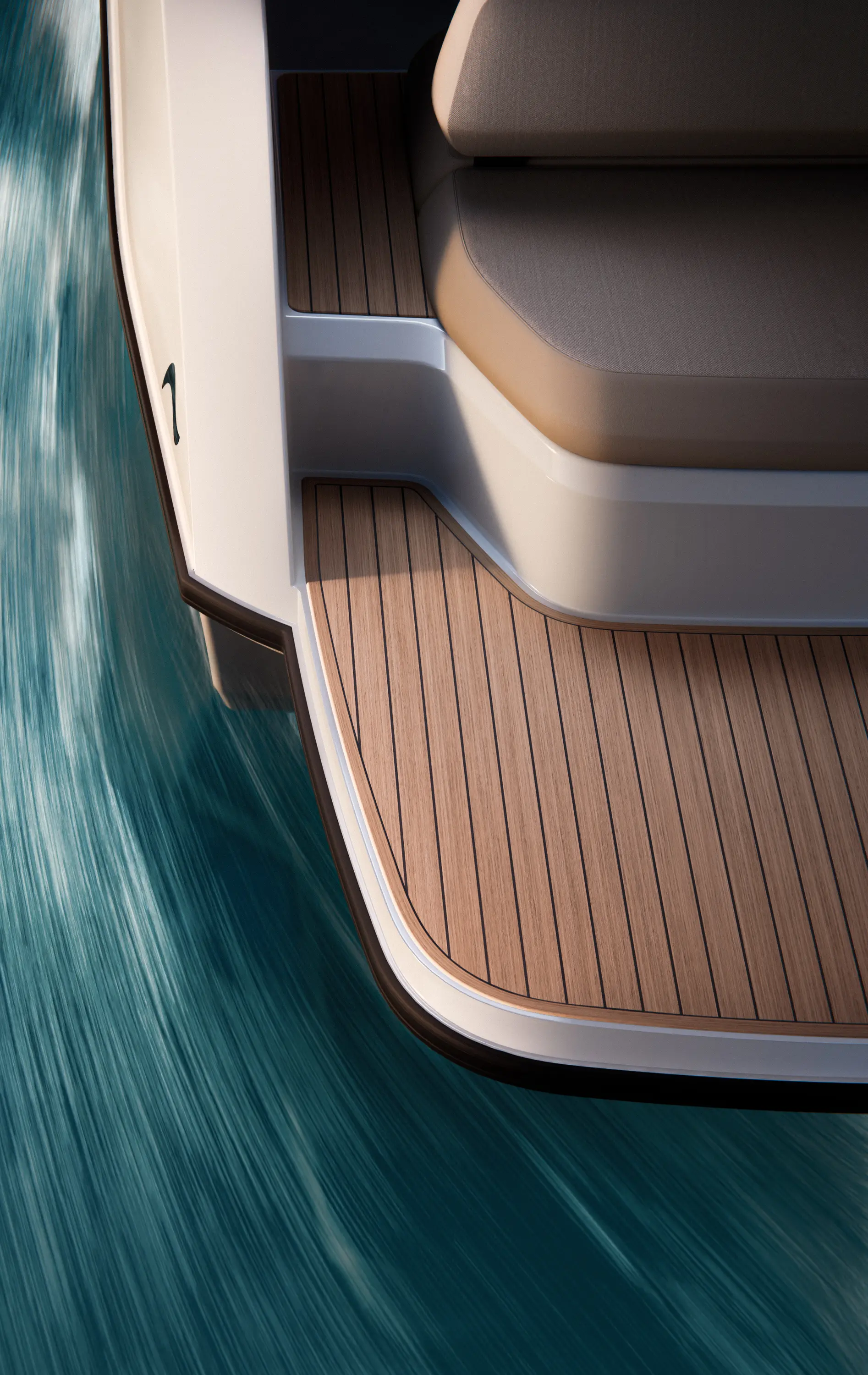 Arc Coast boat gliding through blue water. The motion blur of the water highlights the boat's speed.