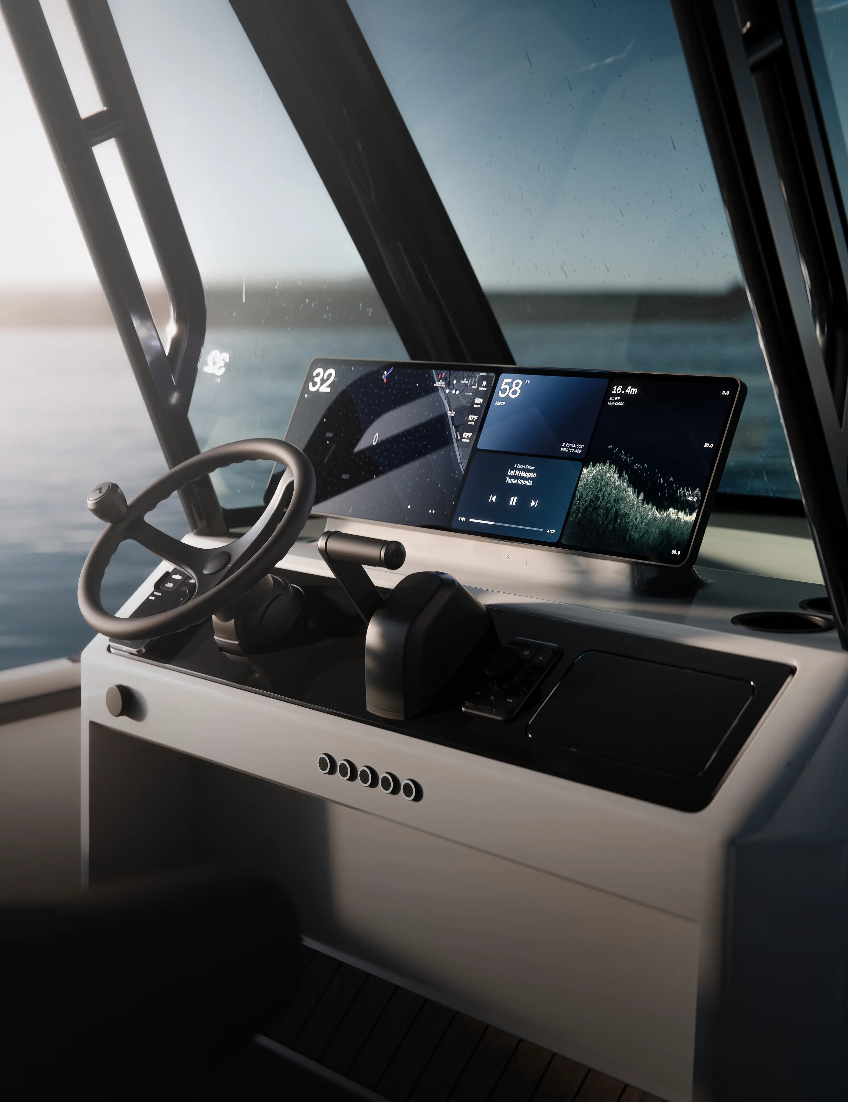 Interior view of Arc Coast helm, featuring a sleek black dashboard with large digital screens displaying navigation, speed, and media information.