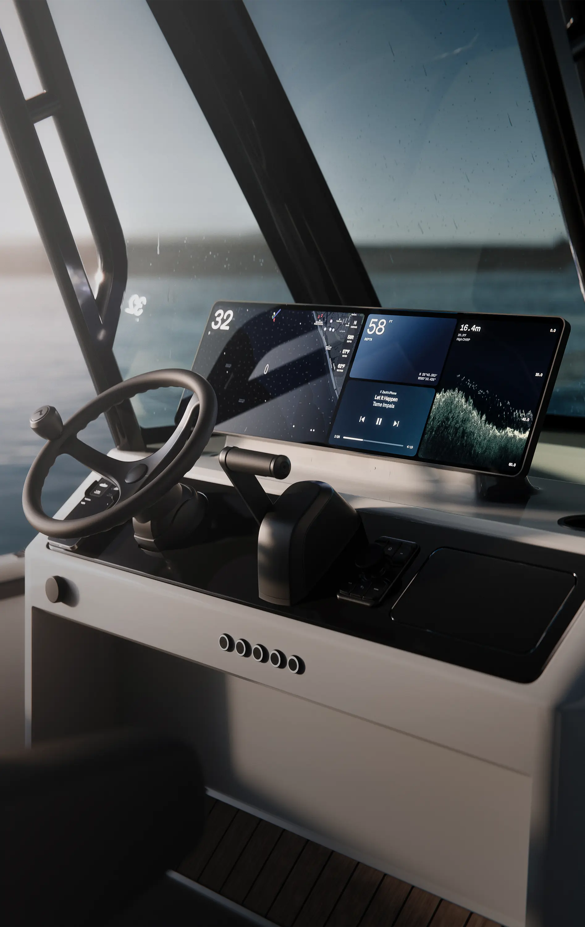 Interior view of Arc Coast helm, featuring a sleek black dashboard with large digital screens displaying navigation, speed, and media information.